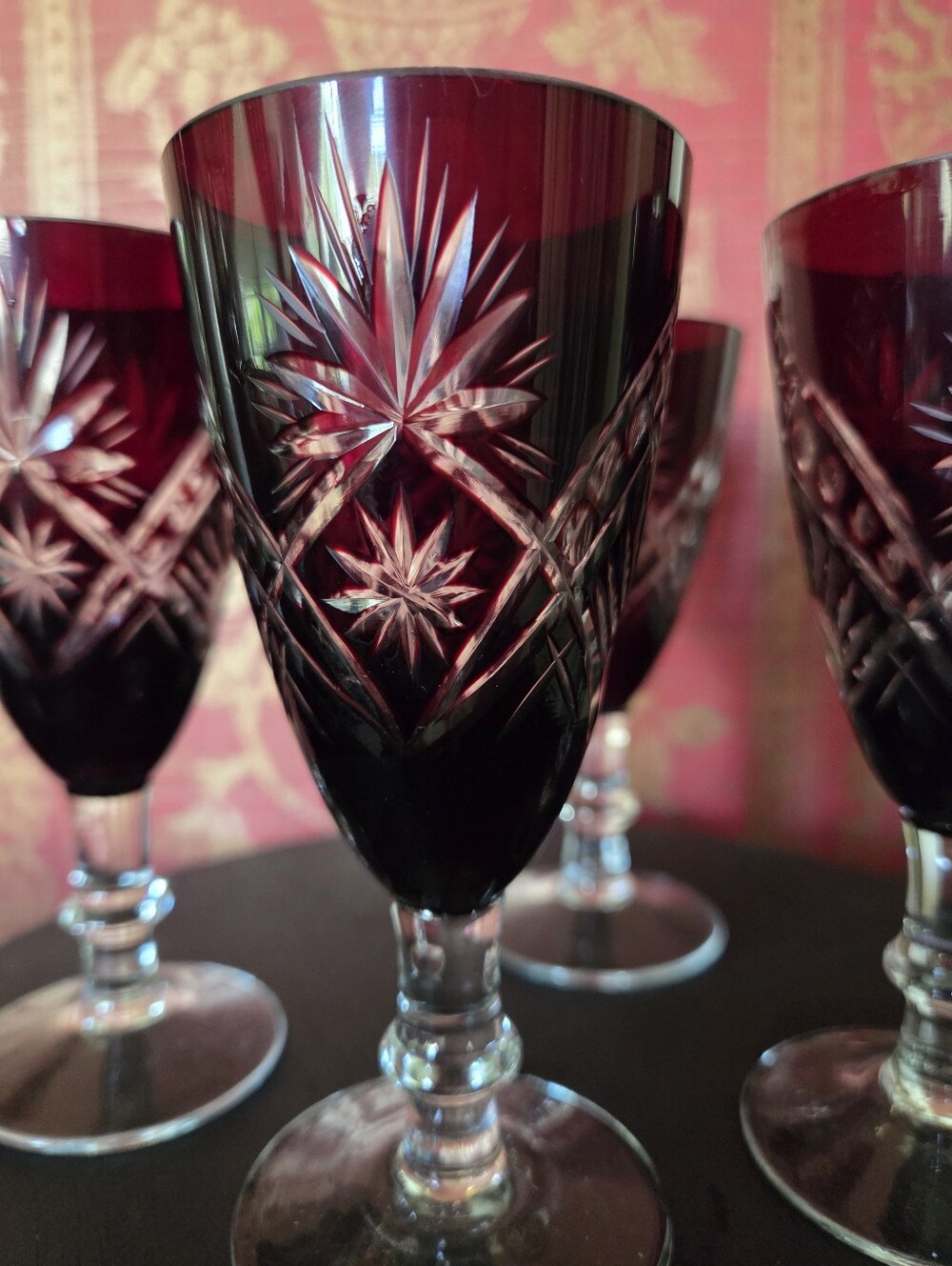Set 4x Liqueur Glasses Glass Foot Beaker Garnet Red Overlay Hand-Cut Double Side